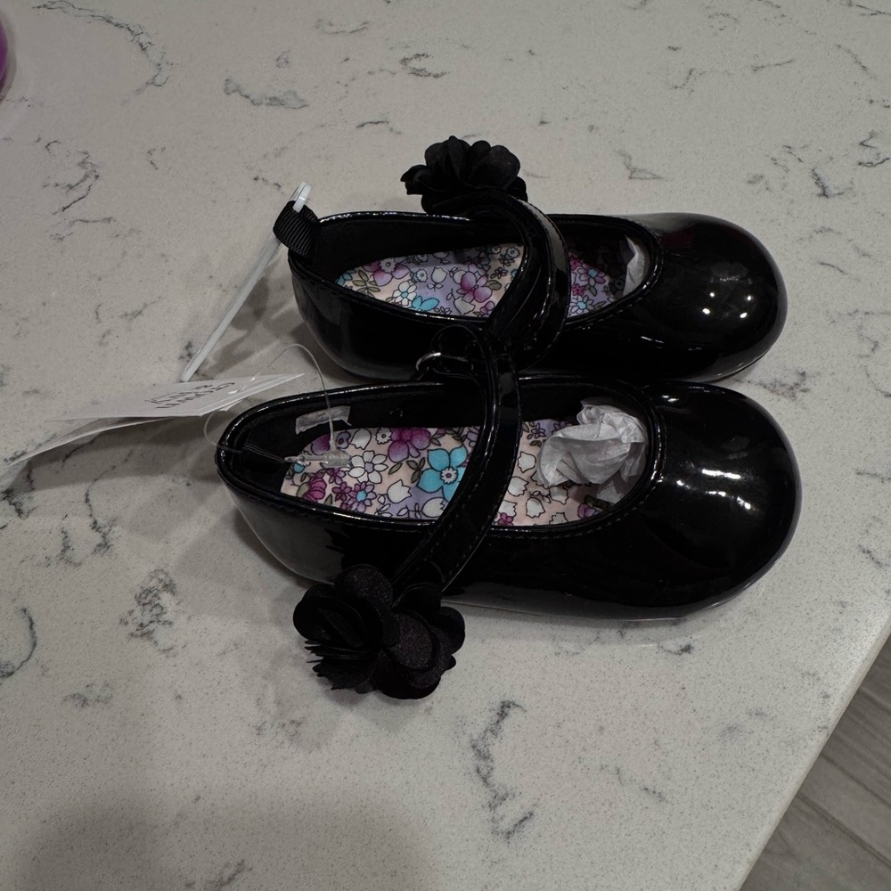 Belk Shiny Black Kids Dress Shoes with Floral Accent